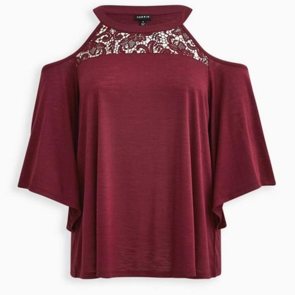 Torrid Knit Jersey Crew Neck Lace Inset Cold Shoulder Top - Picture 3 of 6